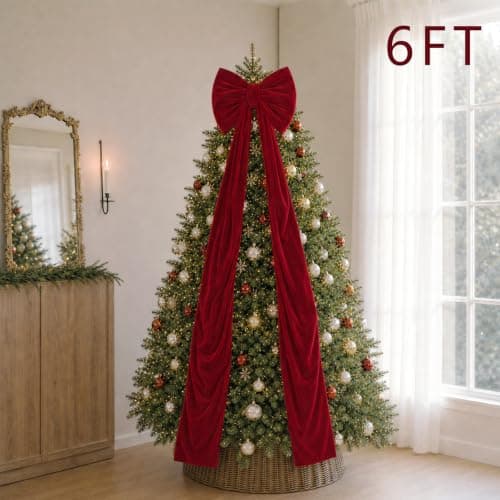 Christmas Decorations- 6FT Extra Large Red Velvet Christmas Tree Topper Bow | Full & Firm Red Velvet Bows Decor for Christmas Tree Front Door Wall Fireplace Festival Wedding Birthday Party view 2