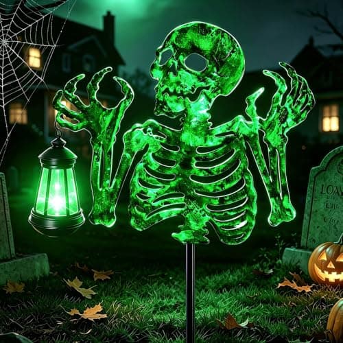 Halloween Skeleton Decorations Outdoor,Spooky Green Glowing Iron Skull | with 7-Color Changing & Flashing Mode Solar Lantern,Creepy Haunted House Prop,Gift for Kids Adults,Yard Patio Garden Party — image 1