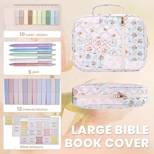 Large Bible Cover for Women, Durable Quilted Tote Bag with Handles, Bible Carry Case for Girls, Bible Study Supplies Accessories（Quilted） view 4