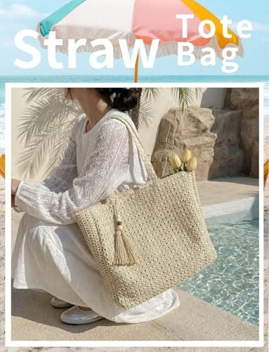 Gleease Straw Tote Bag for Women Woven Beach Bag Raffia Tote with Zipper for Summer Vacation Travel Pool Large Purses view 3