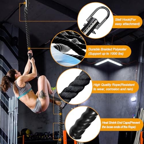 Climbing Rope Gym Workout - 1.5 Inch Dia 10FT 15FT 20FT 25FT 30FT 35FT 40FT 50FT Heavy Duty Work Out Rope Exercise Climbing Ropes for Adults Kids Fitness & Strength Training Outdoor & Indoor - Black view 2