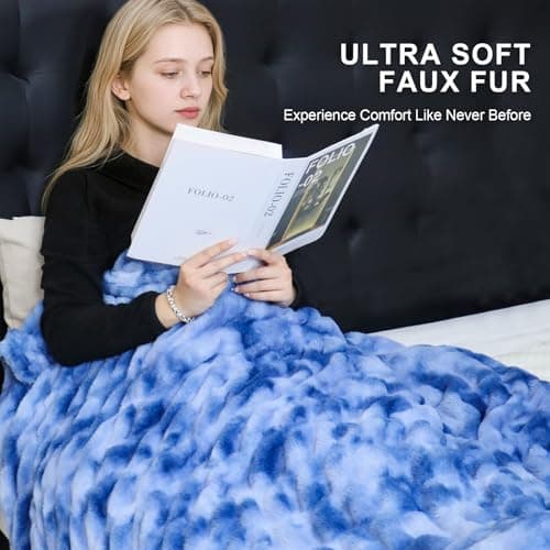 IFNOW Double Sided Ruched Faux Rabbit Fur Throw Blanket for Couch, Ultra Soft Fluffy Mink Blanket, Plush Cozy Home Decor Throw Gifts for Women & Men, 50"x60", TieDyeBlue view 4