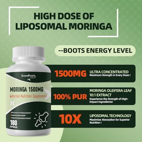 GREENPEOPLE Liposomal Moringa Capsules 1500mg - 98% High Absorption Pure Moringa Powder Supplement 2.0 - Natural Superfood for Immune/Gut/Energy/Skin Non - GMO/GMP 180pcs Vegan view 2