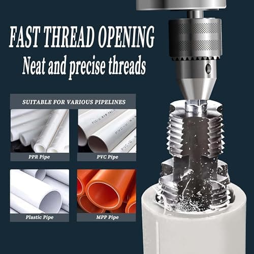 DEZAUP 5 pcs Integrated Internal & External Pipe Threading Tool Kit with 1/2" 3/4" 1" Dies & Broken Bolt Extractor, 40Cr Steel Plumbing Tool Set for PVC/PPR/Pipe, Electric Drill Compatible view 3