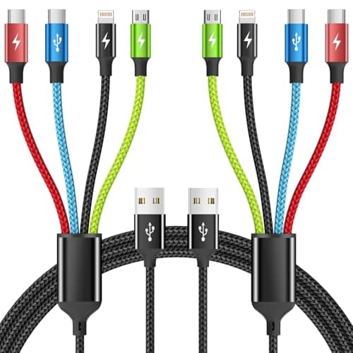 Firsting 4 in 1 Multi Charging Cable [2Pack 5FT], Tangle Free USB C Car Charger Cable Nylon Braided with 2 USB-C/IP/Micro, Travel Charging Cords for iPhone Android iPad and More