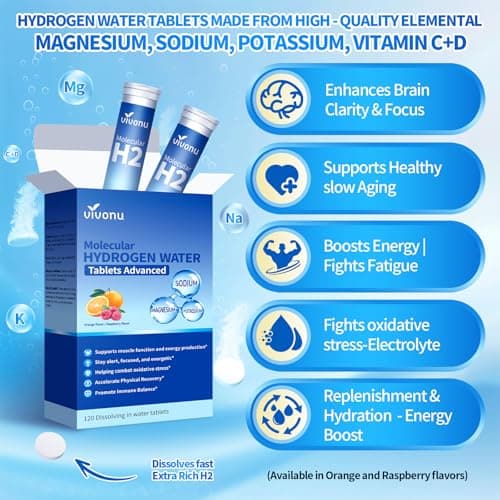VivoNu Hydrogen Water Tablets with Electrolytes & Magnesium Complex, Vitamin C & D | 2 Flavors Pack (Orange & Raspberry) | Zero Sugar Electrolyte Powder Alternative for Rapid Hydration & Recovery view 2