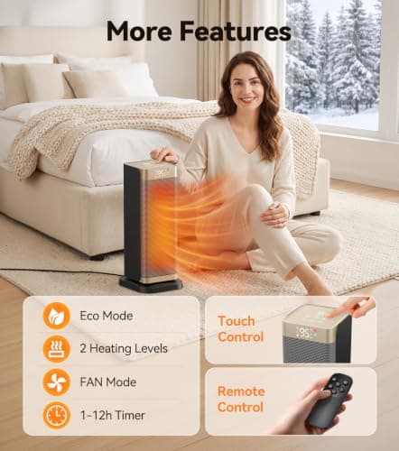 Space Heaters for Indoor Use, 16.3'' H Electric Heater with 12H Timer, ECO | 1500W Electric Heater with Thermostat, 70° Oscillation, Remote Control, 35dB Quiet Portable Heater for Bedroom, Office, Home view 6