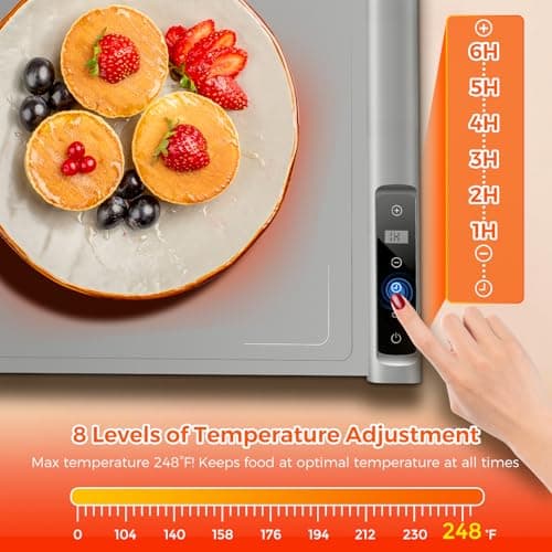 Food Warming Mat, Electric Warming Tray with 248°F Max 8 Temps 1-6H Timer | 10s Fast Full Surface Food Heating pad, Roll-Up Silicone Design Food Warmer Child Lock for Buffets, Partie Everyday Meals view 6