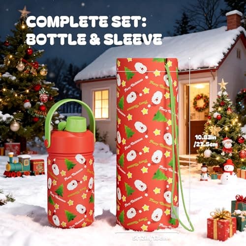 12 oz Kids Christmas Insulated Water Bottle: 2-in-1 Straw Spout Lid, Leakproof, BPA-Free, Keep Cold 24H, Stainless Steel Cup with Carrier Bag for Party, Travel, Holiday Gift (Santa's Jolly Wishes) view 5