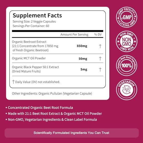 Vitarevive Organic Beet Root Capsules with Beetroot Extract 17850mg 21:1 Concentrated Beetroot Supplement Supports Circulation and Nitric Oxide from Beet Root Powder Extract 120 Count view 2