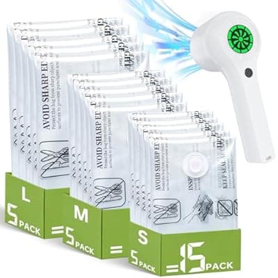 Vacuum Storage Bag with Rechargeable Cordless Pump, 15 Pack Vacuum Seal Space Saver Bags for Clothing Clothes Travel Home