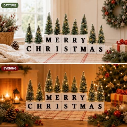 Merry Christmas Table Decor with Warm Lighted Mini Trees and 3D Letters Wooden Christmas Sign for Mantel, Shelf, Fireplace, Entryway, Rustic Farmhouse Indoor Xmas Decor view 6