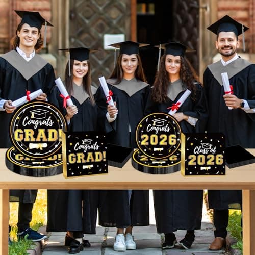 Graduation Party Plates and Napkins 2026 Graduation Party Supplies Black Gold Disposable Paper Plates Luncheon Napkins Cocktail Napkins for Graduation Party Decorations Serve 50 view 2