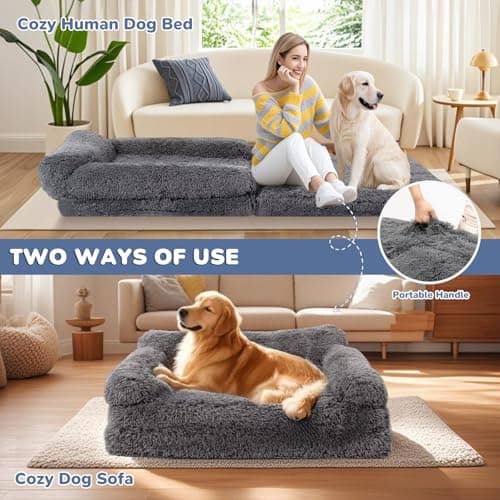 OtterOasis Foldable Human Dog Bed for Adults, Fluffy Human Sized with Blanket, Orthopedic Washable Dog Bed with Memory Foam and Water Repellent Liner for Pet (Grey, 72 * 44 * 10 inch) view 3