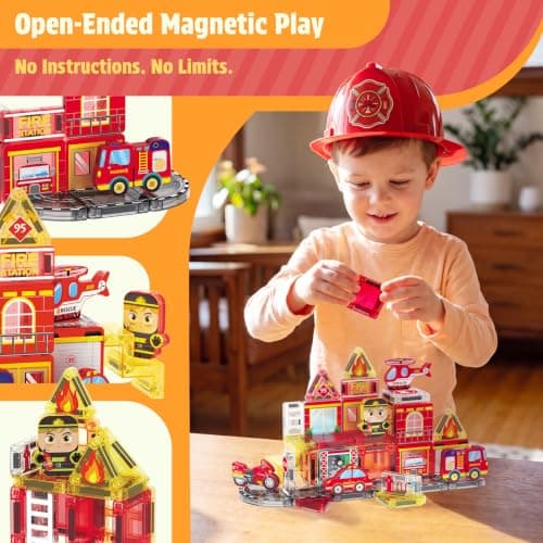 Mini Magnetic Tiles Set with Fire Rescue|Travel Magnet Tiles for Boys | Fire Truck,Firemen,Road,Rescue Helicopter Mini Magnetic Travel Set|Construction Building Blocks for 3+ Year Old Birthday Gift view 3