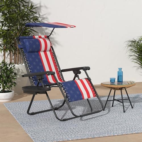 Best Choice Products Folding Zero Gravity Outdoor Recliner Patio Lounge Chair w/Adjustable Canopy Shade, Headrest, Side Accessory Tray, Textilene Mesh - American Flag view 2