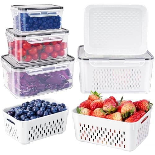 Freshmage Fruit Storage Containers for Fridge with Removable Colander, Airtight Food Storage Container, Dishwasher Safe Produce Saver for Refrigerator, Keep Berry Fruit Fresh Longer 4 pcs Small Clear view 1