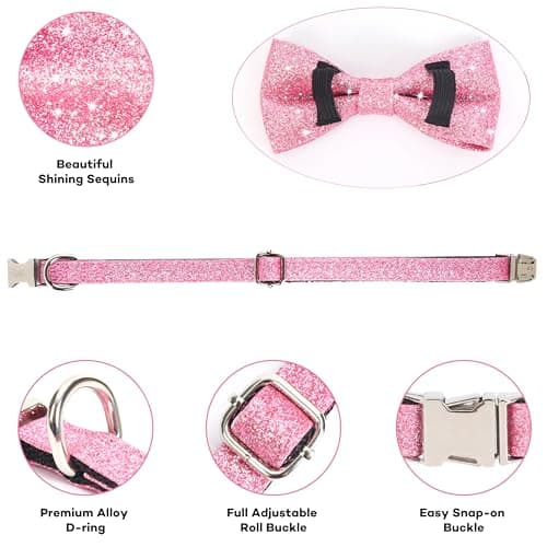 Jumpress Bling Bow Tie Dog Collar and Leash Set, Cute Pink Girl Dog Collar with 5ft Leash for Small Medium Dogs Daily Walking or Holiday Party (Neck fit 11-16’’) view 3
