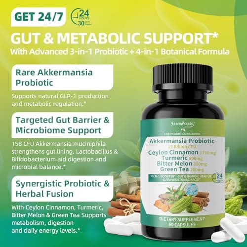 GREENPEOPLE Akkermansia Probiotics 15B CFU for Gut Function, 60CT Probiotics Supplement with Ceylon Cinnamon, Turmeric | Digestive Health & Metabolic Support | Women & Man | Vegan & Gluten Free view 3