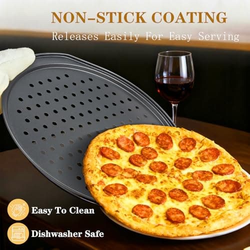 Bestdin 5Pcs Pizza Pan Set - 12 inch Pizza Pan with Holes, Non-stick, Pizza Oven Accessories with 2 Carbon Steel Round Pans, Pizza Cutter and 2 Gloves, Dishwasher Safe view 5