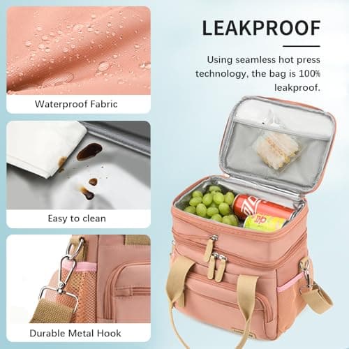 YAKUNCL Expandable Lunch Bag for Adults, 16L Insulated Double Layer Lunch Box, Leak-Proof Cooler Lunch Bag with Multi Pockets, Waterproof Reusable Lunch Tote for Work Office Picnic Travel (Pink) view 3