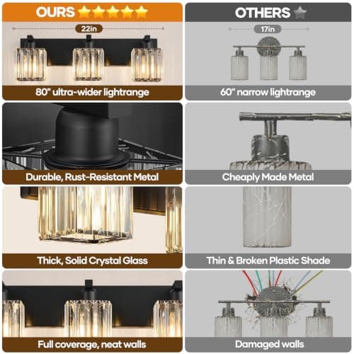 Hompixlit Bathroom Light Fixtures Matte Black 3-Light Crystal Vanity Lights | Modern Bathroom Vanity Light, Crystal Square Shades for Over Sink or Mirror, Bulbs Not Included view 2