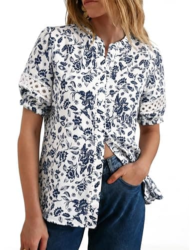 GRACE KARIN Women Boho Floral Tops, Summer Short Eyelet Sleeve Dressy Casual Shirts, Spring Button Down Blouse 2026 Trendy — image 1