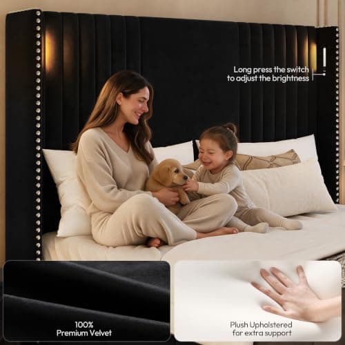 Belffin 59" Tall King Size Platform Bed Frame with 2 Touch Lights, Black | Nailhead Trim Velvet Upholstered Wingback Bed, Mid Century Modern, Solid Wood Legs, 2 Side Pockets, Easy Assembly, Noise Free view 5