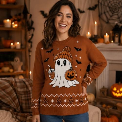Halloween Sweaters for Women: Ghost Pumpkin Costume Knit Pullover view 3