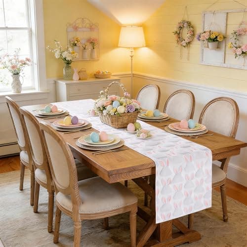 tiosggd Spring Table Runner 72 Inch, White and Pink Faux Fur Cute Bunny Rabbit Dresser Runners for Bedroom, Jacquard Mother's Day Birthday Holiday Party Decorations, Farmhouse Dining Table Decor view 6