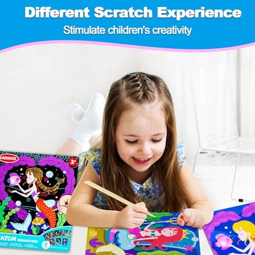 JUNQIU Scratch Art for Kids, Mermaid Black Rainbow Scratch Art Paper Set-Arts and Crafts Kits & Supplies, Mermaid Toys Gifts for Toddlers Girls Birthday Christmas view 3