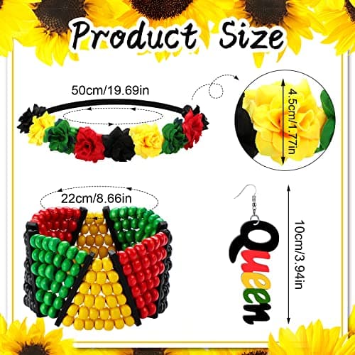 Hanaive 3 Pcs Jamaica African Jewelry Sets for Women,Black History Outfits for Women,Rasta Beaded Bracelet, Flower Crown Headband, Queen Dangle Earring in Rasta Color, Rastafari Pride Accessories view 2