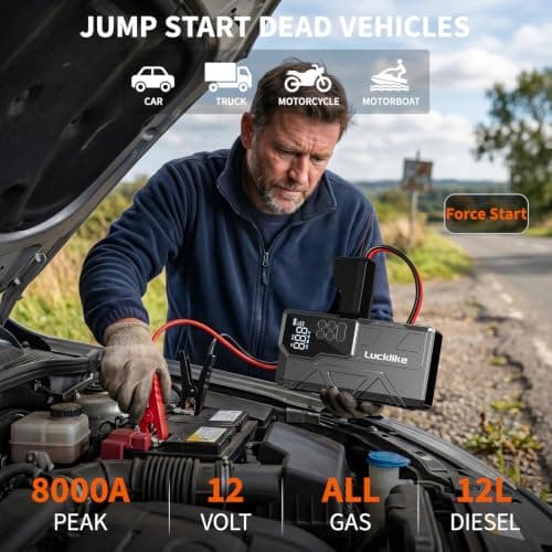 8000A Jump Starter with Air Compressor, 150PSI Auto-Shutoff Tire Inflator | Car Battery Jumper Starter Portable (All Gas/12L Diesel) 12V Jump Box Pack with Jumper Cables, 18W Fast Charge, 800LM Light view 2