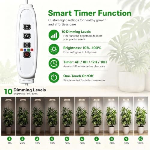 10in Indoor Plant Grow Light, Full Spectrum Grow Lights for Indoor Plants | Wood Grain Large Plant lights, Timer 4/8/12/18H & Dimmable, 16"-66" Height Adjustable, 160 LEDs, House Decor Halo Grow Lamp view 5