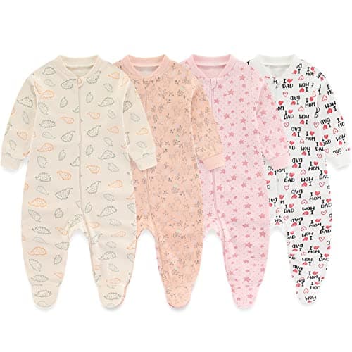 MAMIMAKA Baby Girls One-Piece Footies Romper 2-way Zip Cotton Bodysuit Long-Sleeve Jumsuit, 9-12 Months