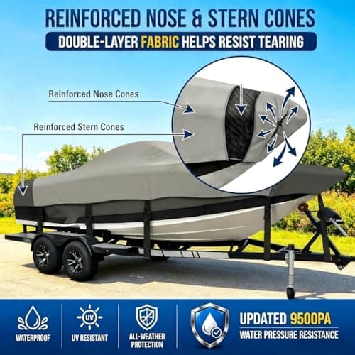 Boat Cover 20-22 ft with Reinforced Nose Cone, 1300D Heavy Duty Waterproof Boat Cover for V-Hull Bass/Jon/Join/Ski/Wakeboard & Runabout Boats, Trailerable Boat Cover with Straps & Storage Bag, Grey view 4
