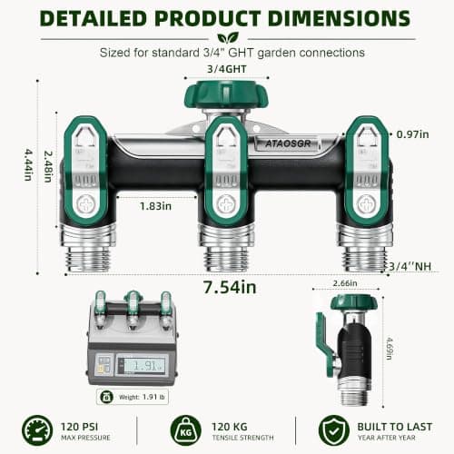 Garden Hose Splitter 3 Way, Heavy Duty Metal, 3/4" GHT, Green 2.48" Easy-Turn Handles, 3 Independent Shutoff Valves, Full-Flow 0.59" Outlets for Timers, Sprinklers & Irrigation view 2