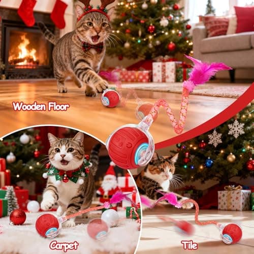 Interactive Cat Toy Ball - Christmas Cat Toys for Indoor Cats with Feather Tails for Chasing, Moving Stimulation Smart Cat Toy for Enrichment, Motion Activated Automatic Rolling Toys to Keep Them Busy view 6