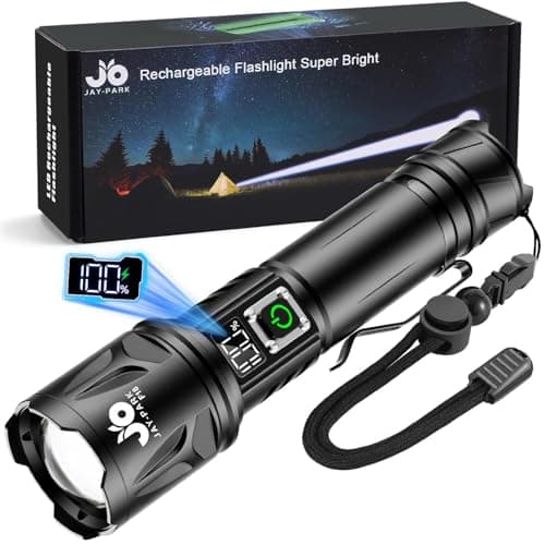 JAY-PARK High Lumen Flashlight - 100000 Lumens, Rechargeable 5000mAh with LCD Display, Zoomable Long Beam (3000m), IP67 Waterproof, 5 Modes & Belt Clip - for Camping, Dog Walking — image 1