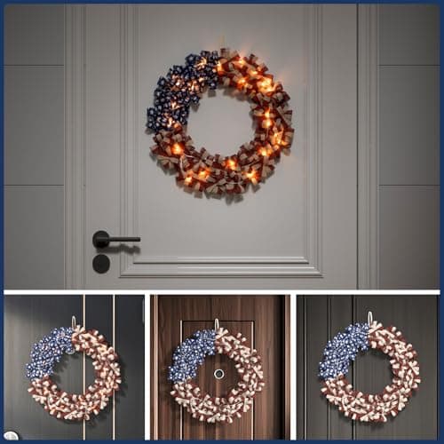 Patriotic Wreath 18 Inch American Flag Wreath for Front Door, Burlap Red White and Blue Decor with Stars Stripes and Timer-Equipped Light Strip for 4th of July Memorial Day Veterans Day view 6
