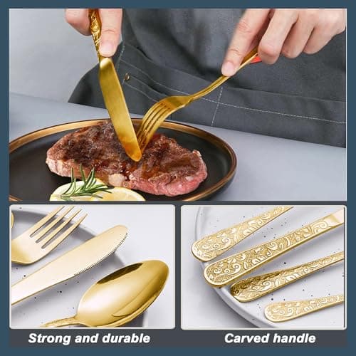 Runfly Vintage Carved Gold Stainless Steel 20 Pieces Flatware Set, Golden Silverware Set, Modern Embossed Cutlery Set Utensils Including Fork Spoon and Knife view 6