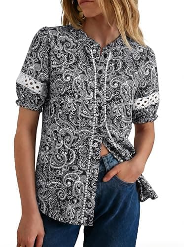 GRACE KARIN Women Boho Floral Tops, Summer Short Eyelet Sleeve Dressy Casual Shirts, Spring Button Down Blouse 2026 Trendy — image 1