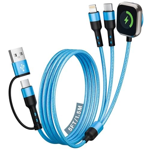 Cruise Travel Essentials 2026, 3 in 2 USB A/C Cable to iPhone 17 Charger/iWatch Charger/IP, Braided Multi Charging Cable Cord, Multi Charger Cable for iWatch Series & iPhone17-11/iPad [Blue, 5FT]