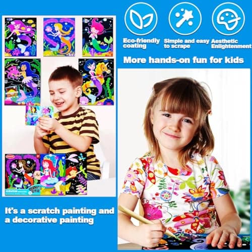 JUNQIU Scratch Art for Kids, Mermaid Black Rainbow Scratch Art Paper Set-Arts and Crafts Kits & Supplies, Mermaid Toys Gifts for Toddlers Girls Birthday Christmas view 5