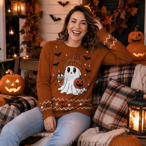 Halloween Sweaters for Women: Ghost Pumpkin Costume Knit Pullover view 5