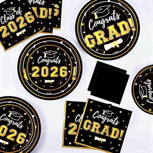 Graduation Party Plates and Napkins 2026 Graduation Party Supplies Black Gold Disposable Paper Plates Luncheon Napkins Cocktail Napkins for Graduation Party Decorations Serve 50 view 4