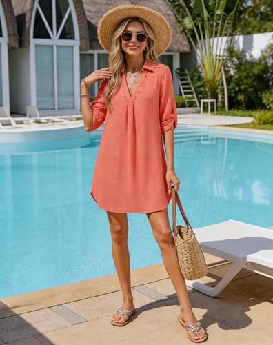 Halife Womens Swimsuit Coverup Shirt V Neck Eyelet Bathing Suit Cover Up Summer Beach Cover Ups Dress view 5