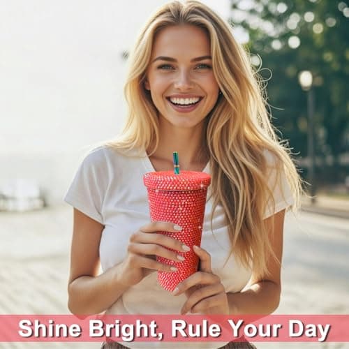 26oz Bling Rhinestone Studded Tumbler with Lid and Straws, Bling Cups Stainless Steel Water Bottle Diamond Glitter Tumbler for Women - Birthday Gifts for Women, Mom,Get Well Soon Gifts (Red) view 2