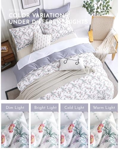 ALEISSEL White Floral Cotton Comforter King Size - 3PC Lightweight Bedding Sets with Soft Fill, Elegant Pale Purple & Burgundy Botanical Patterns with Light Gray Reversible Design view 6