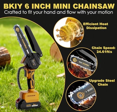 Mini Chainsaw Cordless 6 Inch – 21V Battery Powered Electric Pruning Saw with Automatic Oiler, Lightweight Handheld Chainsaw for Tree Trimming Wood Cutting, Gifts for Men Dad, Yellow view 3